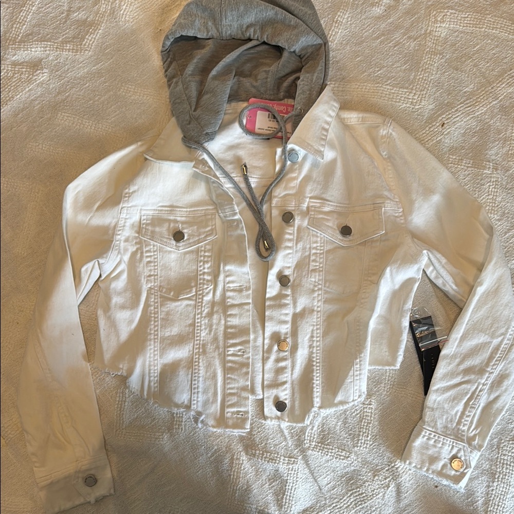 White Cropped Denim Jacket with Gray Hood